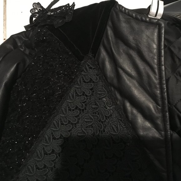 Leather Vintage Designer Long Black Jacket with velvet and lace Limited Edition - Picture 3 of 7